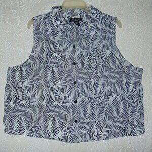 Tahari 100% Linen Blouse Sleeveless Leaf Pattern XL Button Up Women's Beach